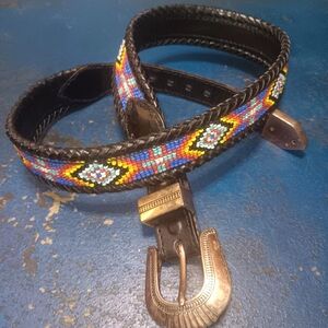 Colorful Beaded Leather Belt with Brass Buckle